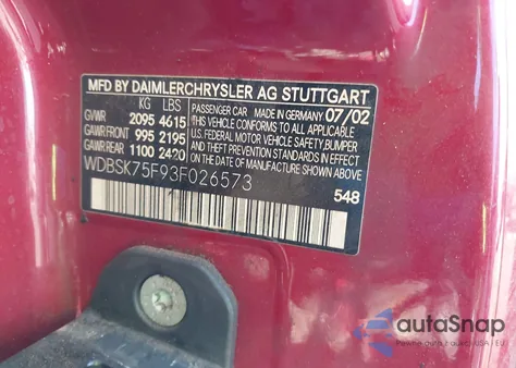 2003 Mercedes-Benz Sl 500 from USA, damaged, VIN WDBSK75F93F026573